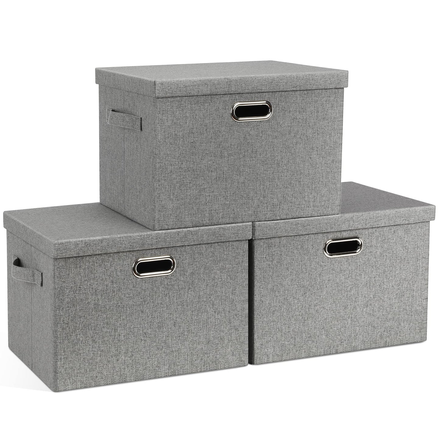 Graciadeco Large Quart Collapsible Stackable Storage Bins with Lids, 3 Packs Beige Linen Fabric Closet Boxes with Lids, Storage Cube Baskets Container Organizers for Bedroom Office(16.6 x 11.7 x 10.8)