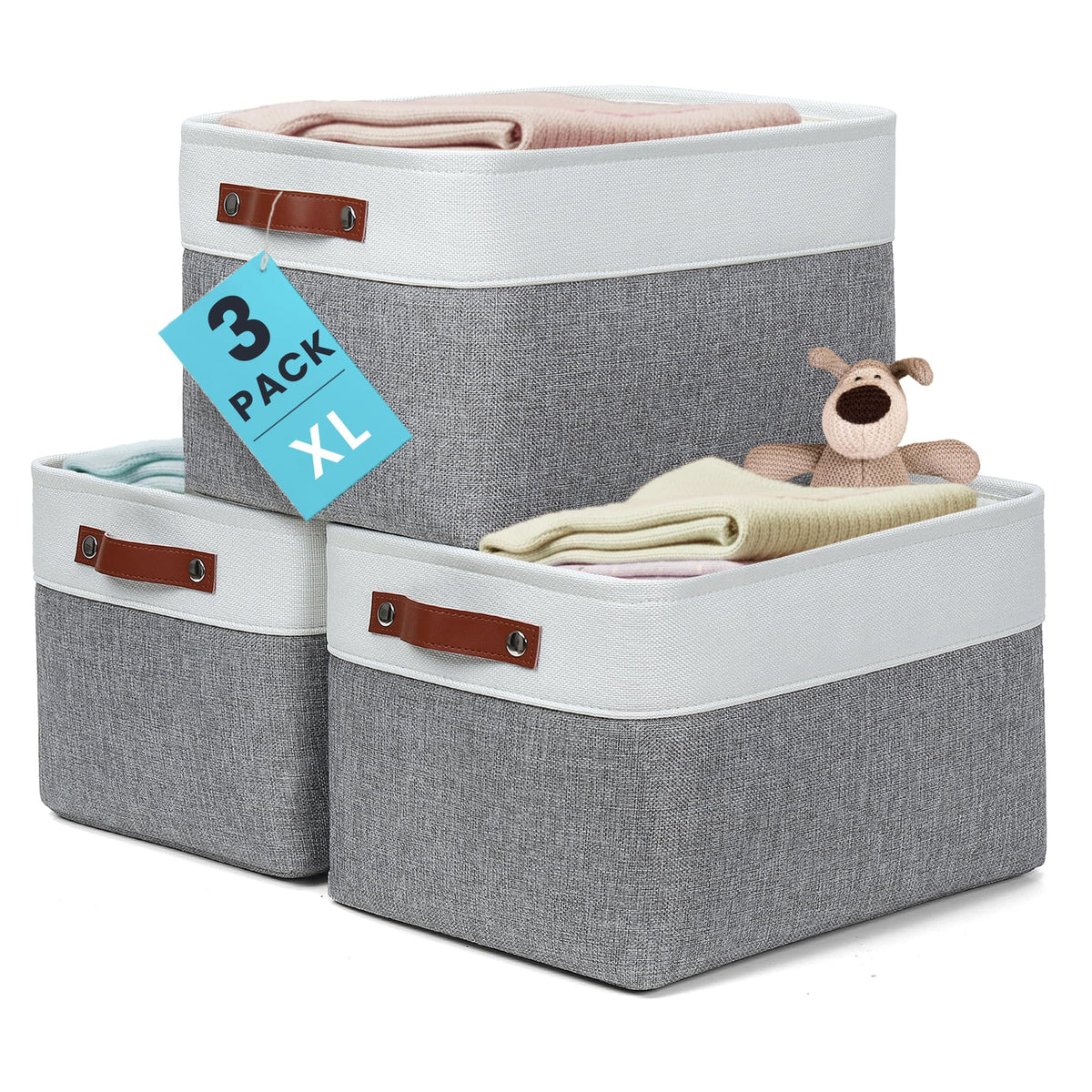 OrganiHaus 15x11in Canvas Storage Baskets 3 Pack - Fabric Bins for Shelves