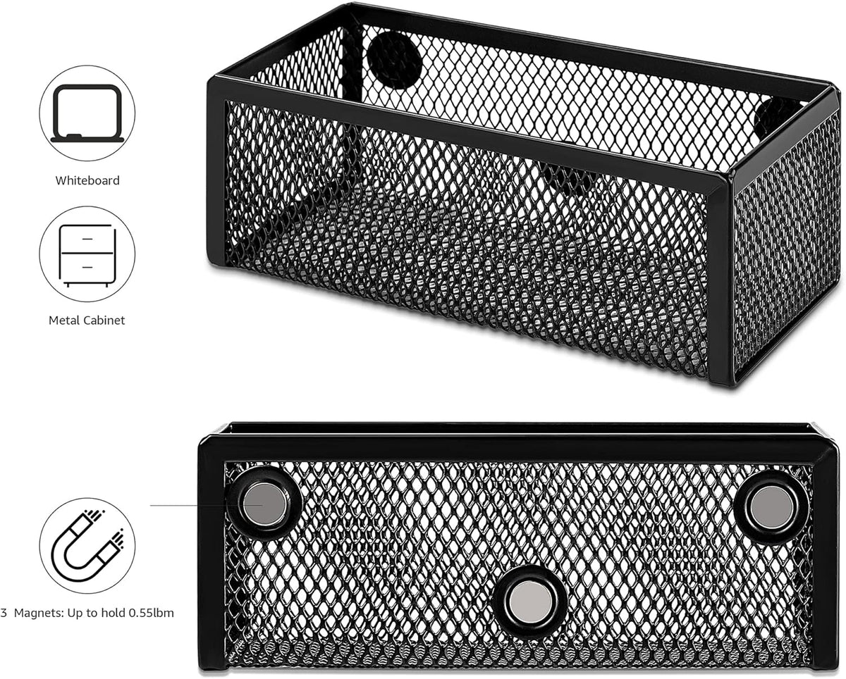 Amazon Basics Magnetic Storage Baskets, Mesh Organizers for Office Supplies and Workspace, 6" x 2.5" x 2.2", Black, 3-Pack