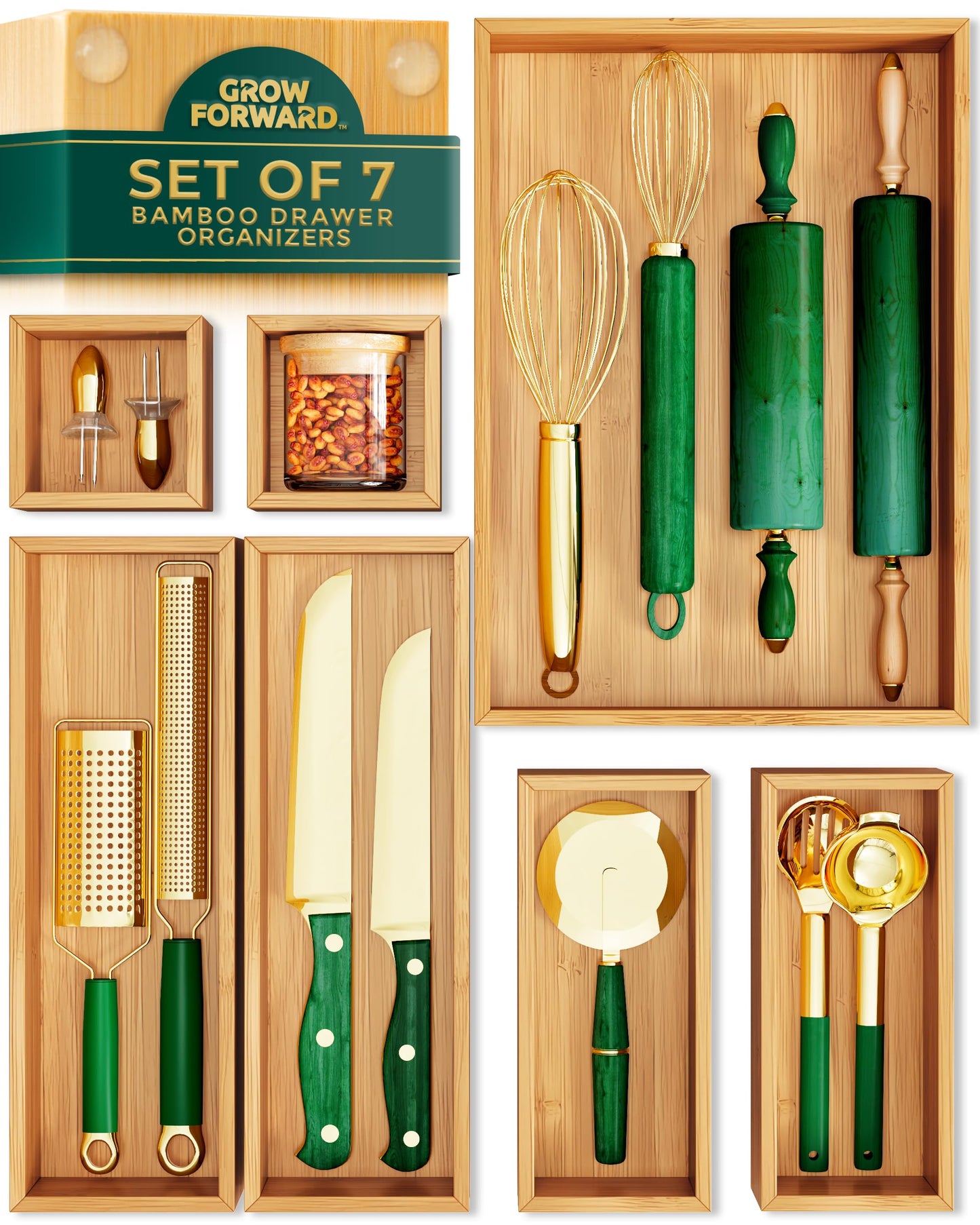 Grow Forward Bamboo Drawer Organizer Boxes - Set of 14 Wooden Drawer Organizers for Kitchen, Bathroom, Office, Desk, Vanity, Makeup - Non-Slip Junk Drawer Organizer Trays for Storage and Organization