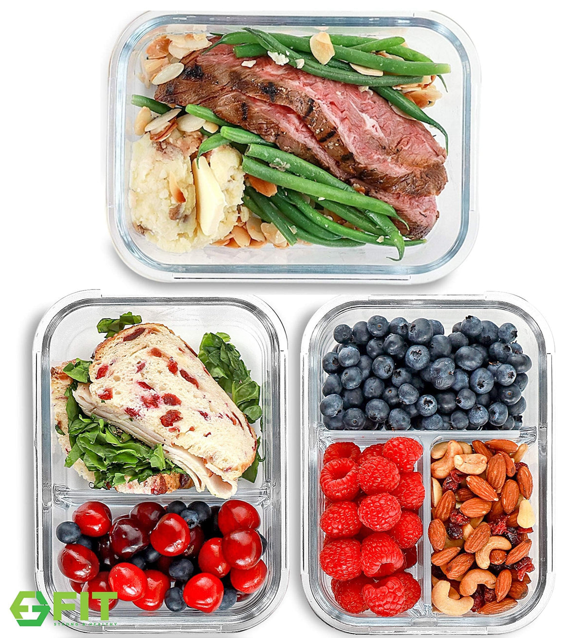 Glass Meal Prep Containers 2 and 3 Compartments, Leak-Proof, 32 oz, 4 Pack