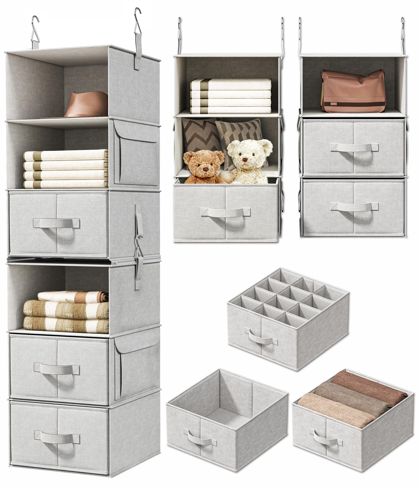 6-Shelf Hanging Closet Organizer with 3 Drawers, 2-in-1 Design, Beige