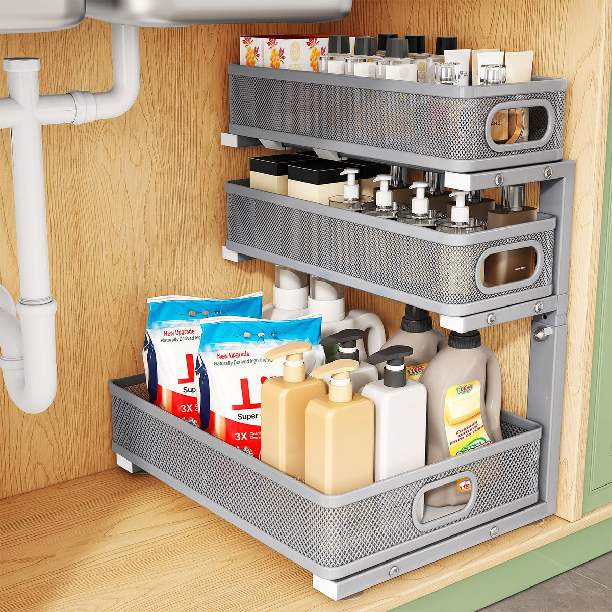 Kitstorack Under Sink Organizer, 2-Pack 3-Tier Height Adjustable Thickened Metal Pull out Cabinet Organizer Shelf, Slide out Storage Drawer Rack for Bathroom Kitchen Pantry Home Laundry Organization