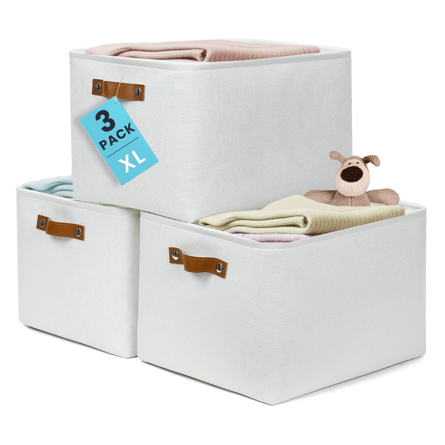 OrganiHaus 15x11in Canvas Storage Baskets 3 Pack - Fabric Bins for Shelves