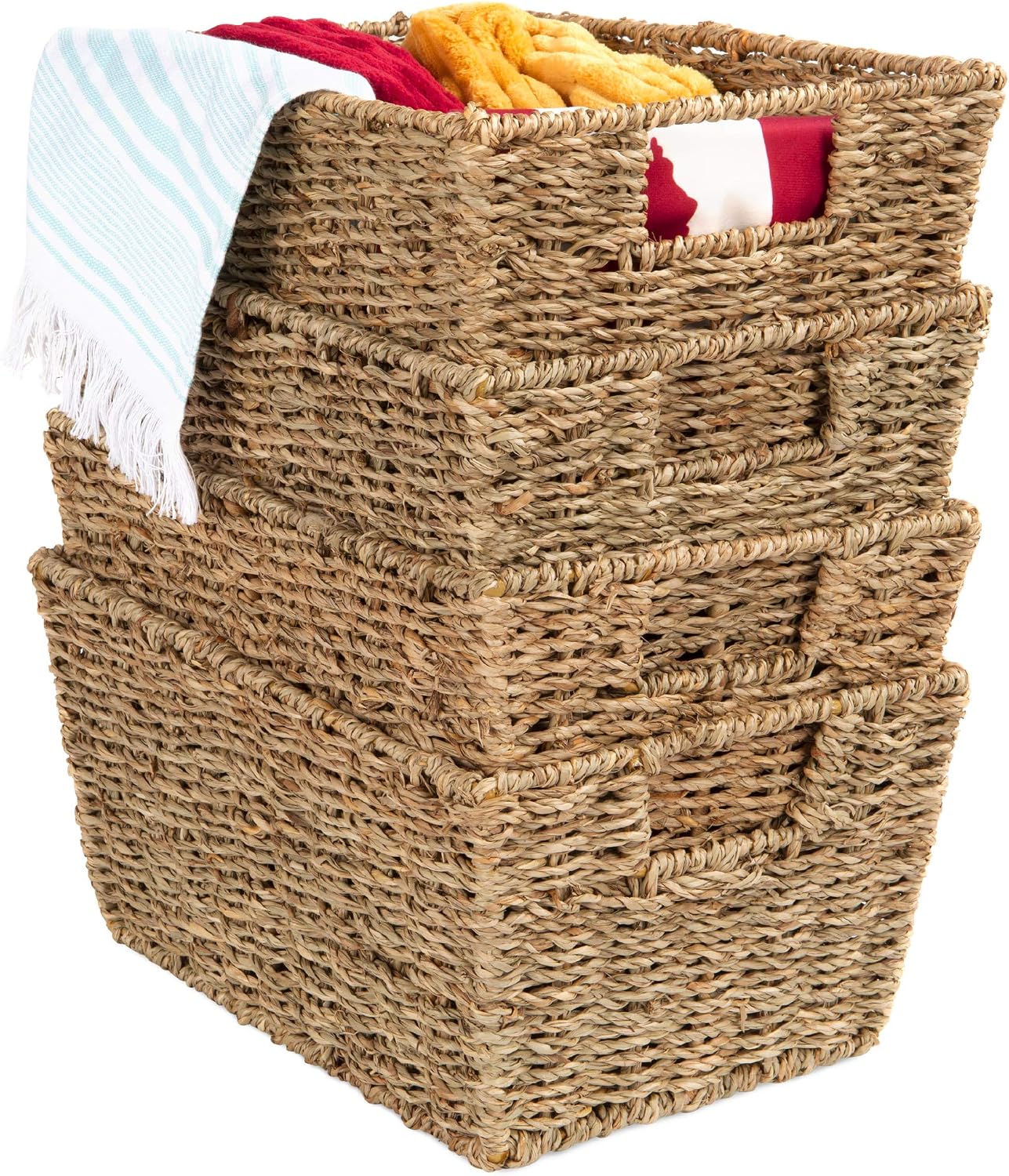 Best Choice Products Rustic Set Of 4 Multipurpose Stackable Seagrass Storage Basket, Handwoven Laundry Organizer Totes for Bedroom and Living Room, Shelves, Pantry w/Insert Handles - Natural