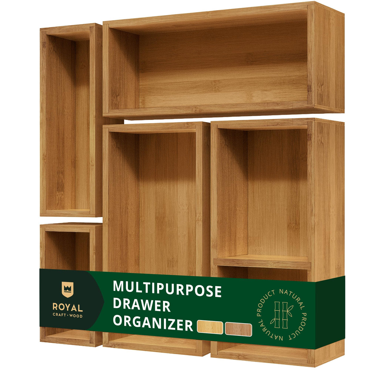 ROYAL CRAFT WOOD 5-Piece Bamboo Drawer Organizer Set – Multi-Use Storage Trays for Kitchen, Bathroom, Office, Makeup, Jewelry & More – Junk Drawer Tray, Utensil Holder, Storage Box & Bin Set (5 Boxes)