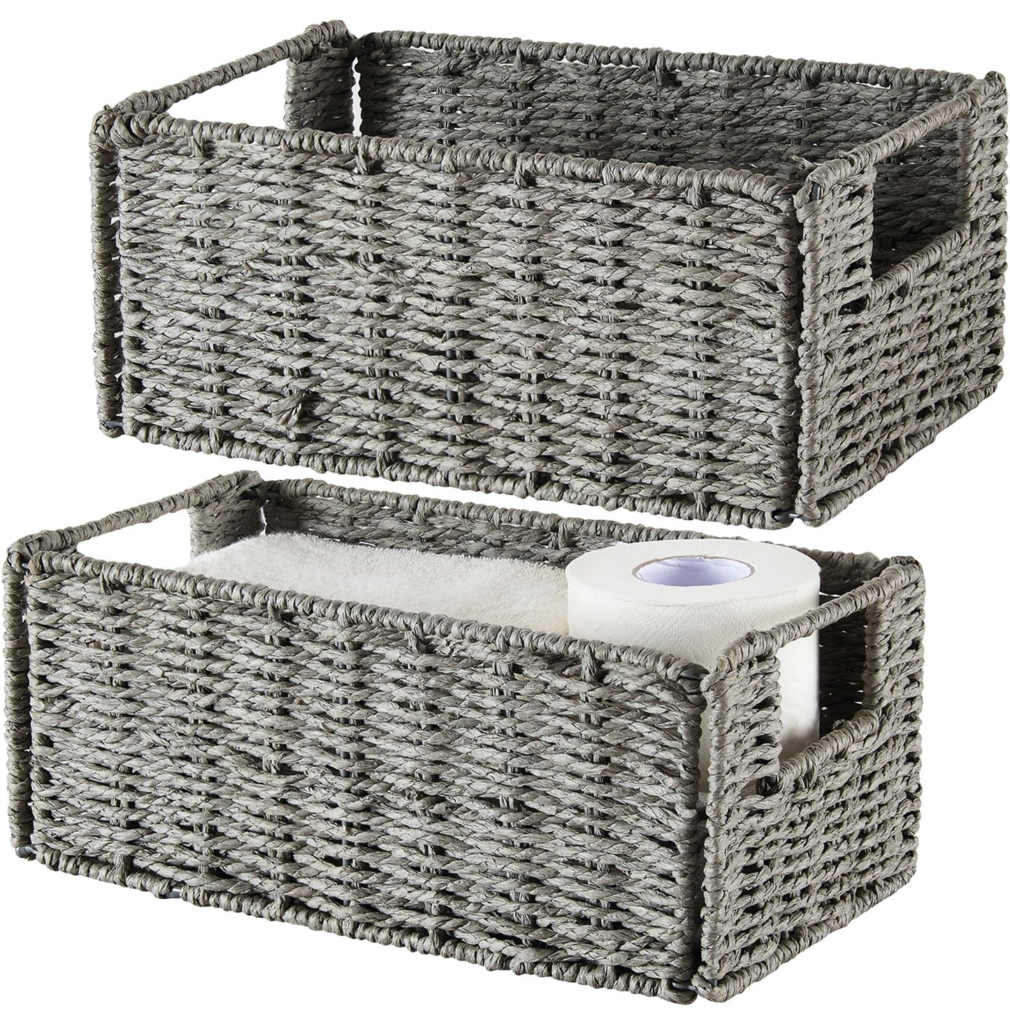 Vagusicc Wicker Storage Basket, Set of 2 Hand-Woven Paper Rope Wicker Basket, Small Storage Baskets for Organizing Toilet Paper Basket, Foldable Large Cube Storage Organizer Bins for Shelves (Natural)