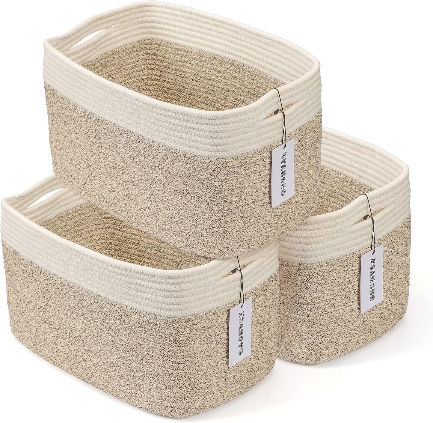 XUANGUO Woven Cotton Rope Storage Baskets 15x10x9.3" 3 Pack White and Brown