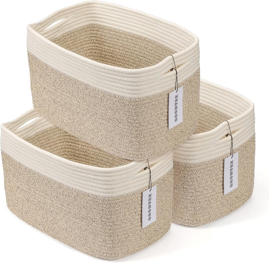 XUANGUO Woven Cotton Rope Storage Baskets 15x10x9.3" 3 Pack White and Brown