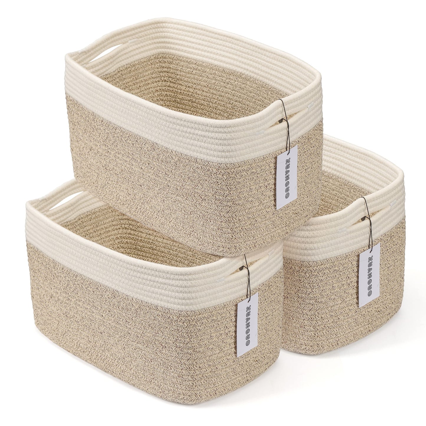 XUANGUO Woven Cotton Rope Storage Baskets 15x10x9.3" 3 Pack White and Brown