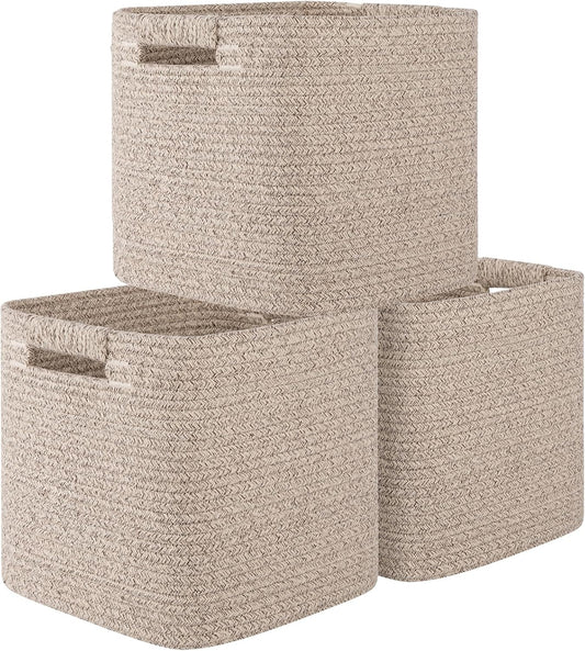 OIAHOMY Storage Cubes 11 Inch Storage Bins 3-Pack Square Baskets Brown
