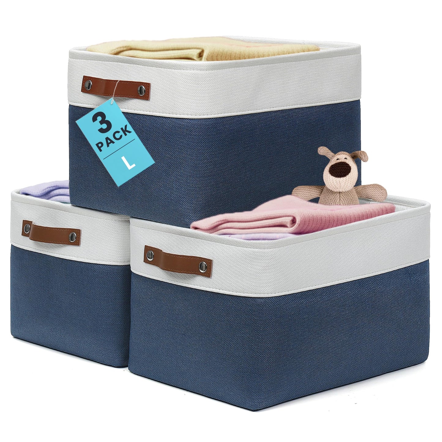 OrganiHaus 15x11in Canvas Storage Baskets 3 Pack - Fabric Bins for Shelves