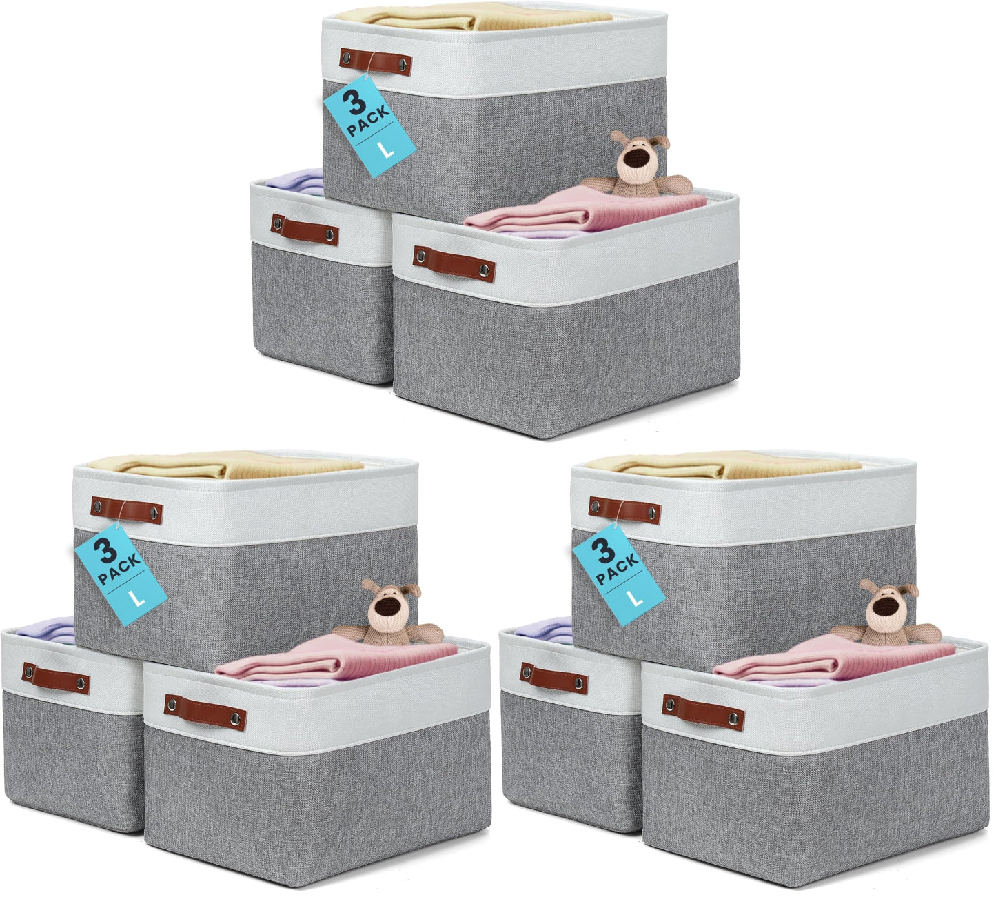 OrganiHaus 15x11in Canvas Storage Baskets 3 Pack - Fabric Bins for Shelves