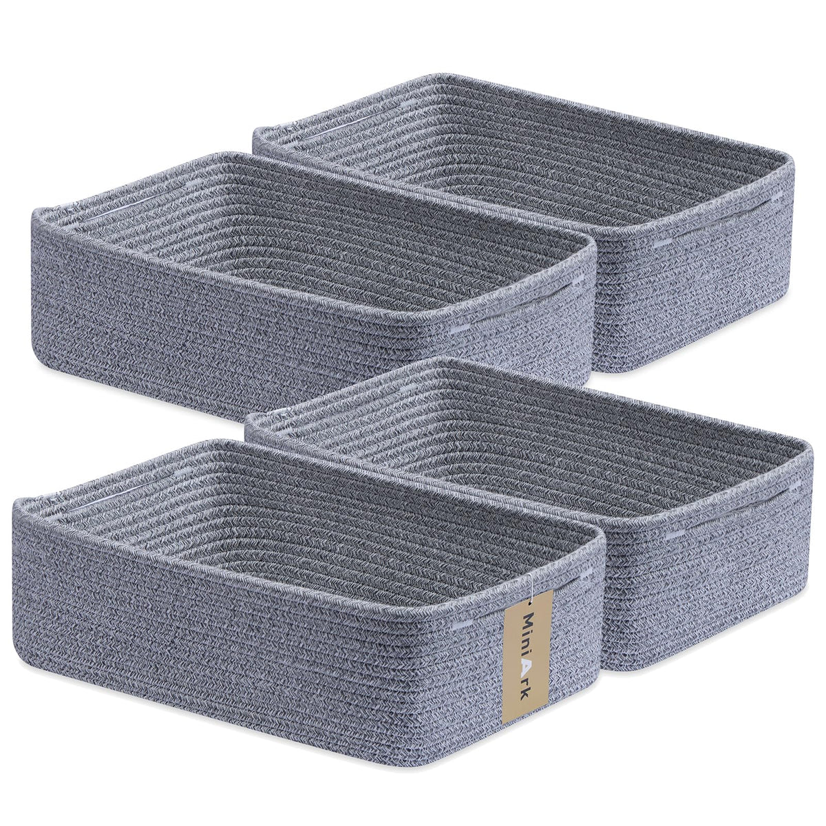 MiniArk Large Shallow Organizing Baskets 15x11x5.1 Inches - Rope Woven Storage Bins for Bathroom, Shelves, Cube Closet, Mixed Brown 2 Packs