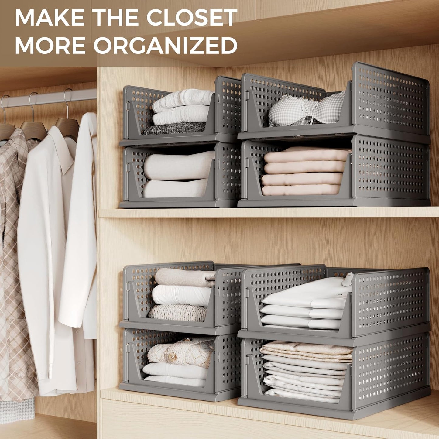 Pinkpum 6 Pack Closet Organizer Storage Bins Stackable Plastic Drawer Shelf