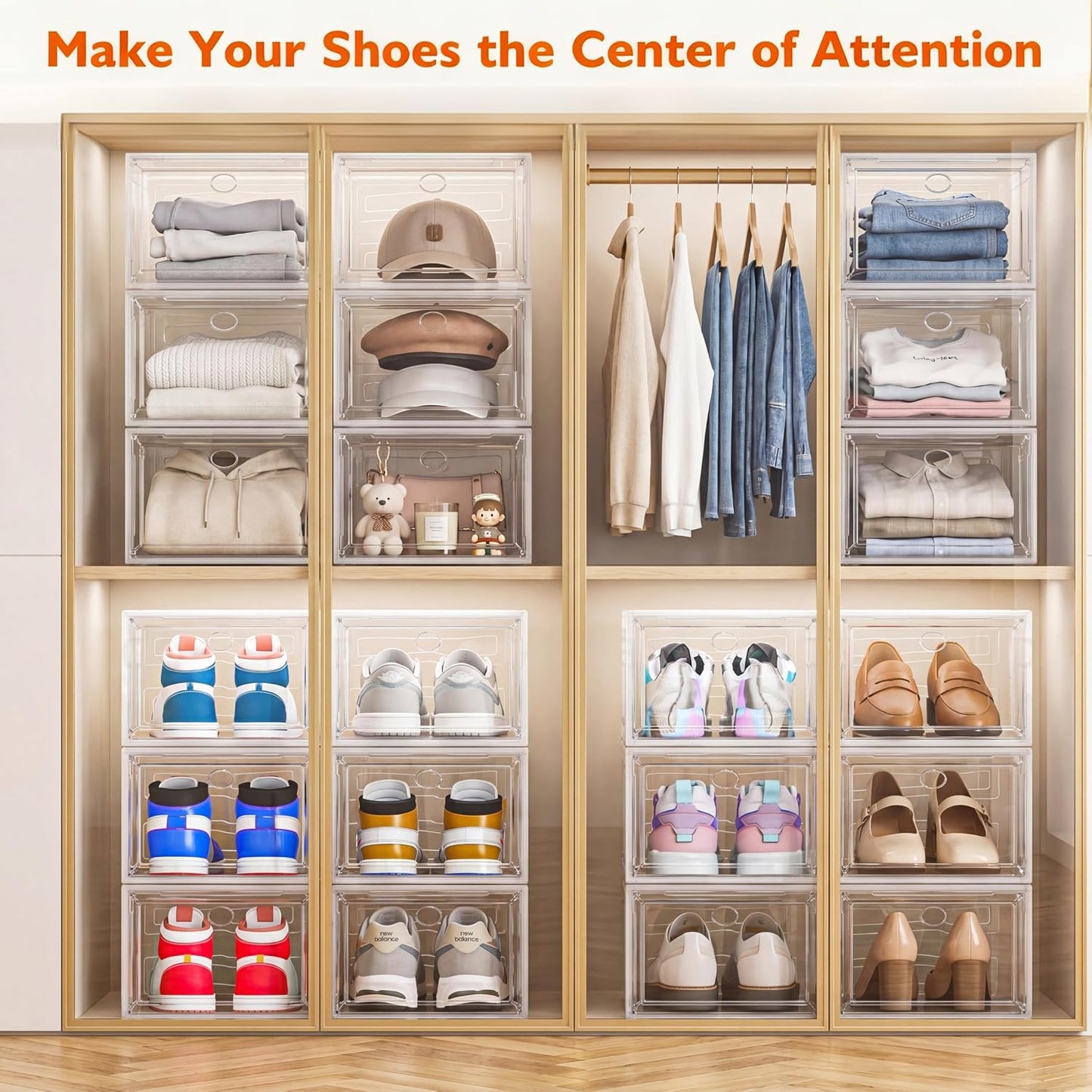 Sturdy Clear Shoe Organizer with Magnetic Door, Stackable Shoe Storage Box