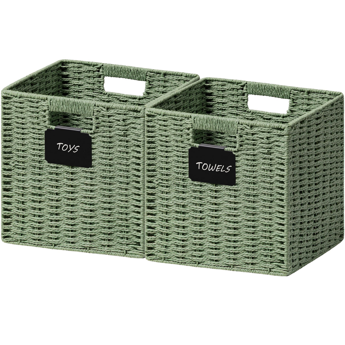 UBBCARE 2 Pack Wicker Basket, 10.5×10.5 Storage Cubes with Label, Foldable Cube Storage Bin with Handle, Square Storage Basket for Shelves, Woven Paper Rope Basket for Organizing, Green