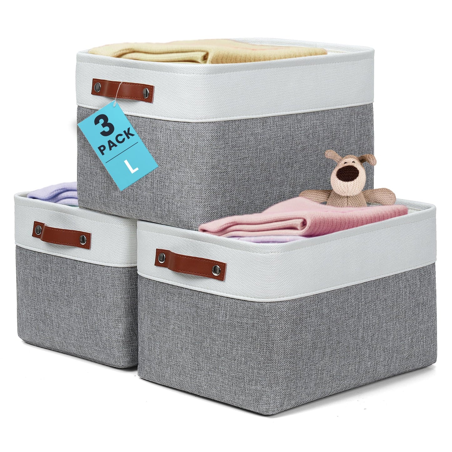 OrganiHaus 15x11in Canvas Storage Baskets 3 Pack - Fabric Bins for Shelves