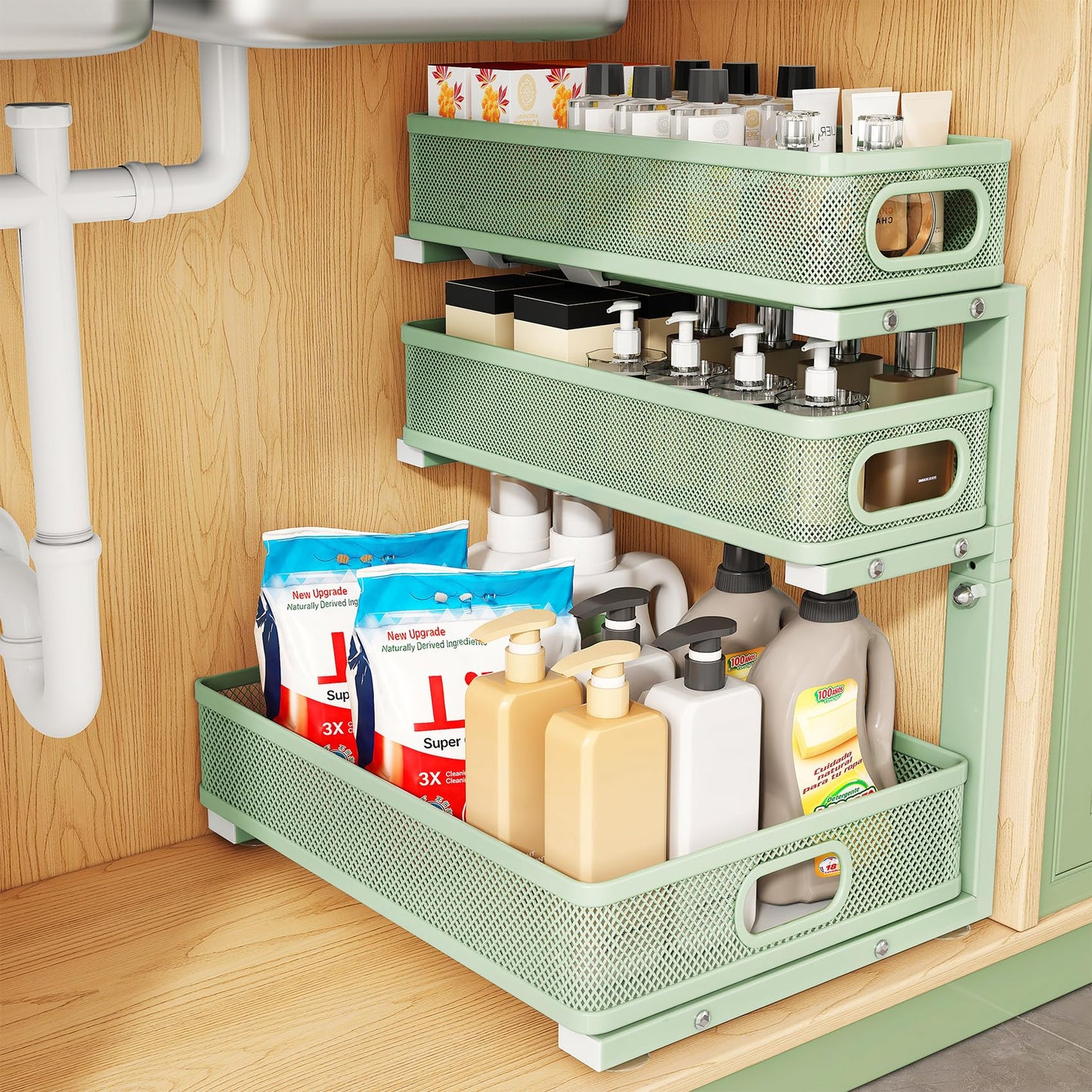 Kitstorack Under Sink Organizer, 2-Pack 3-Tier Height Adjustable Thickened Metal Pull out Cabinet Organizer Shelf, Slide out Storage Drawer Rack for Bathroom Kitchen Pantry Home Laundry Organization