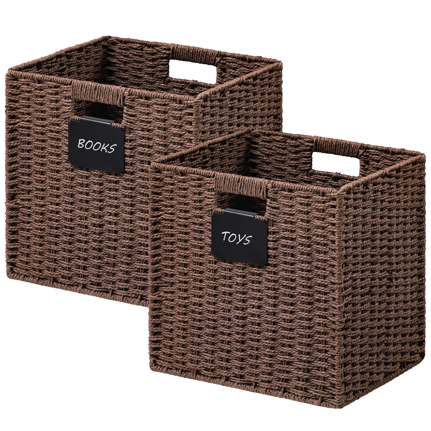 UBBCARE 2 Pack Wicker Basket, 10.5×10.5 Storage Cubes with Label, Foldable Cube Storage Bin with Handle, Square Storage Basket for Shelves, Woven Paper Rope Basket for Organizing, Green