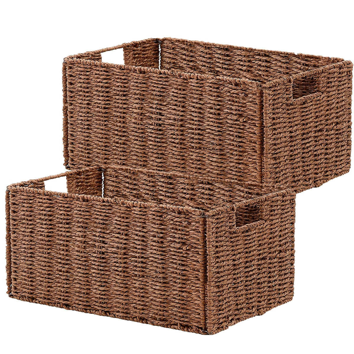 Vagusicc Wicker Storage Basket, Set of 2 Hand-Woven Paper Rope Wicker Basket, Small Storage Baskets for Organizing Toilet Paper Basket, Foldable Large Cube Storage Organizer Bins for Shelves (Natural)