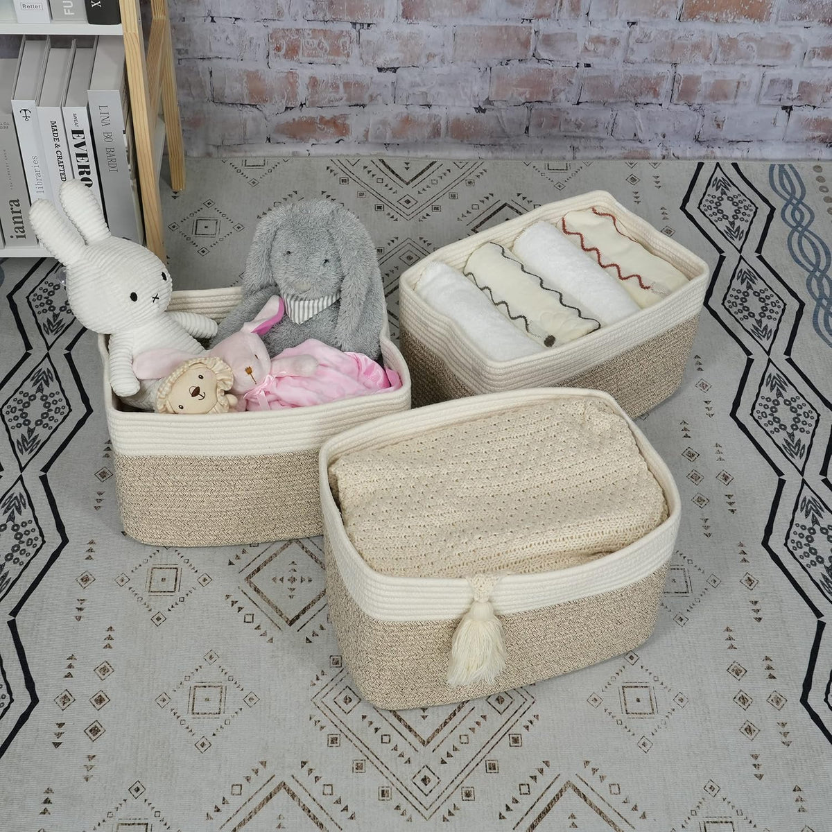 XUANGUO Woven Cotton Rope Storage Baskets 15x10x9.3" 3 Pack White and Brown