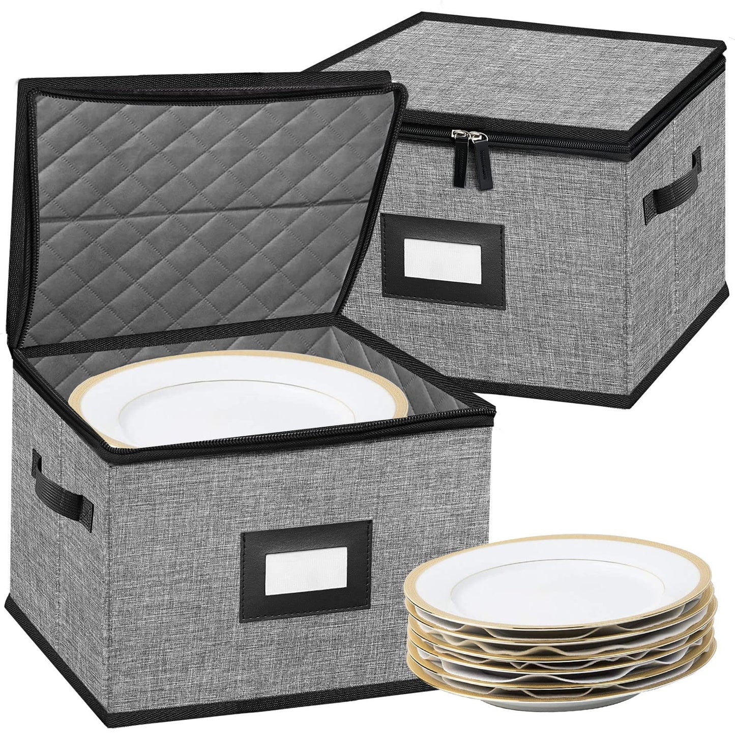 China Storage Containers-Quilted Dish Storage Containers with Lid Hard Shell for Moving Transport, Dinnerware Storage,Stackable Plate Storage,24 Felt Plate Dividers Included,2PACK 12*12*8in