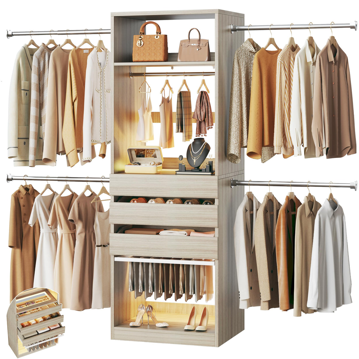 Closet System, 4-8FT Closet Organizer with 3 Wood Drawers & Glass Top, 102'' Walk in Closet with 5 Hang Rods & LED Lights & Trouser Rack, Built-in Wardrobe Clothes Rack with Shelves and Tower, White