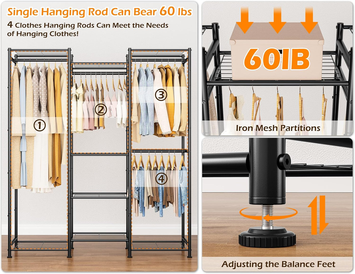 HOMIDEC Wardrobe Closet, 4 Hanging Spaces Portable Clothes Rack