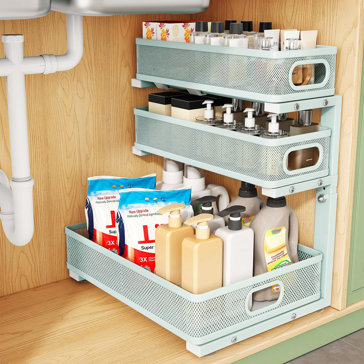 Kitstorack Under Sink Organizer, 2-Pack 3-Tier Height Adjustable Thickened Metal Pull out Cabinet Organizer Shelf, Slide out Storage Drawer Rack for Bathroom Kitchen Pantry Home Laundry Organization
