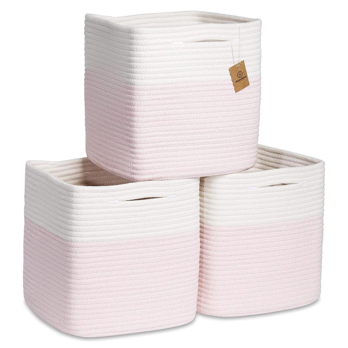 NaturalCozy Storage Cubes 11 Inch Cotton Rope Woven Baskets for Organizing, 3-Pack | Cube Storage Bin | Square Storage Baskets for Shelves Organizer, Classroom, Kids Toy Bins, Closet, Baby Nursery