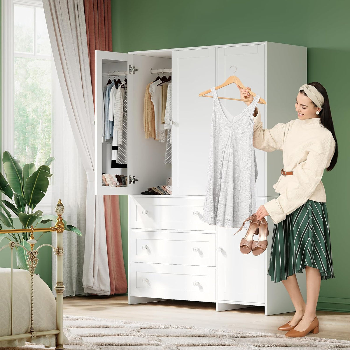VOWNER 71" Armoire Wardrobe Closet with 3 Drawers and Mirror
