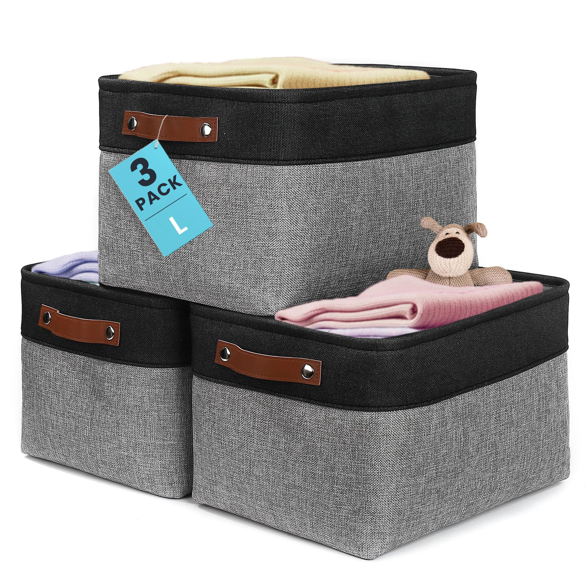 OrganiHaus 15x11in Canvas Storage Baskets 3 Pack - Fabric Bins for Shelves