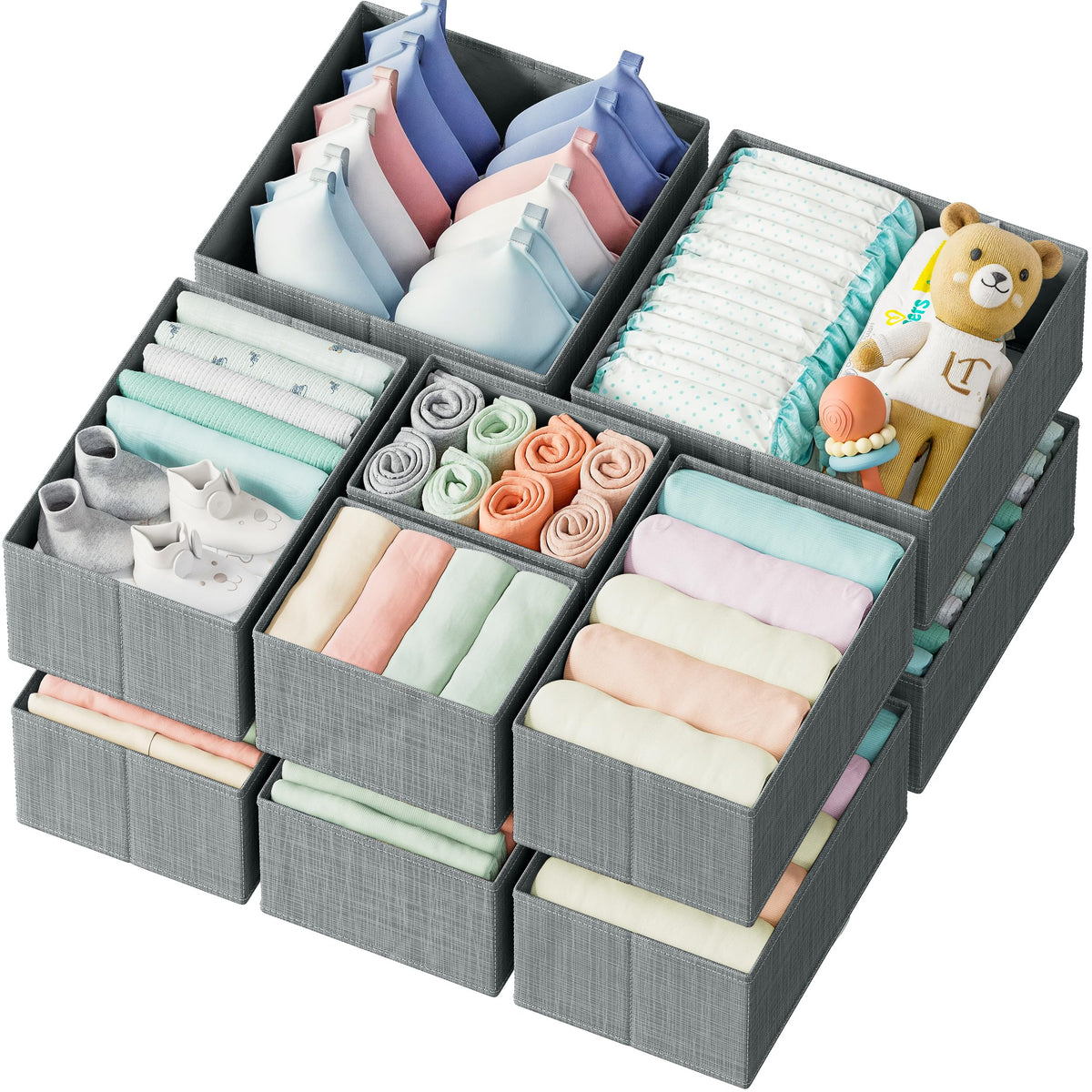 Drawer Organizer Clothes Set of 12 White-Grey - Dresser Organizer For Nursery, Bedroom, Closet - Perfect Baby Clothes Organizer and Storage & General Nursery Organization or Dresser Drawer Organizers