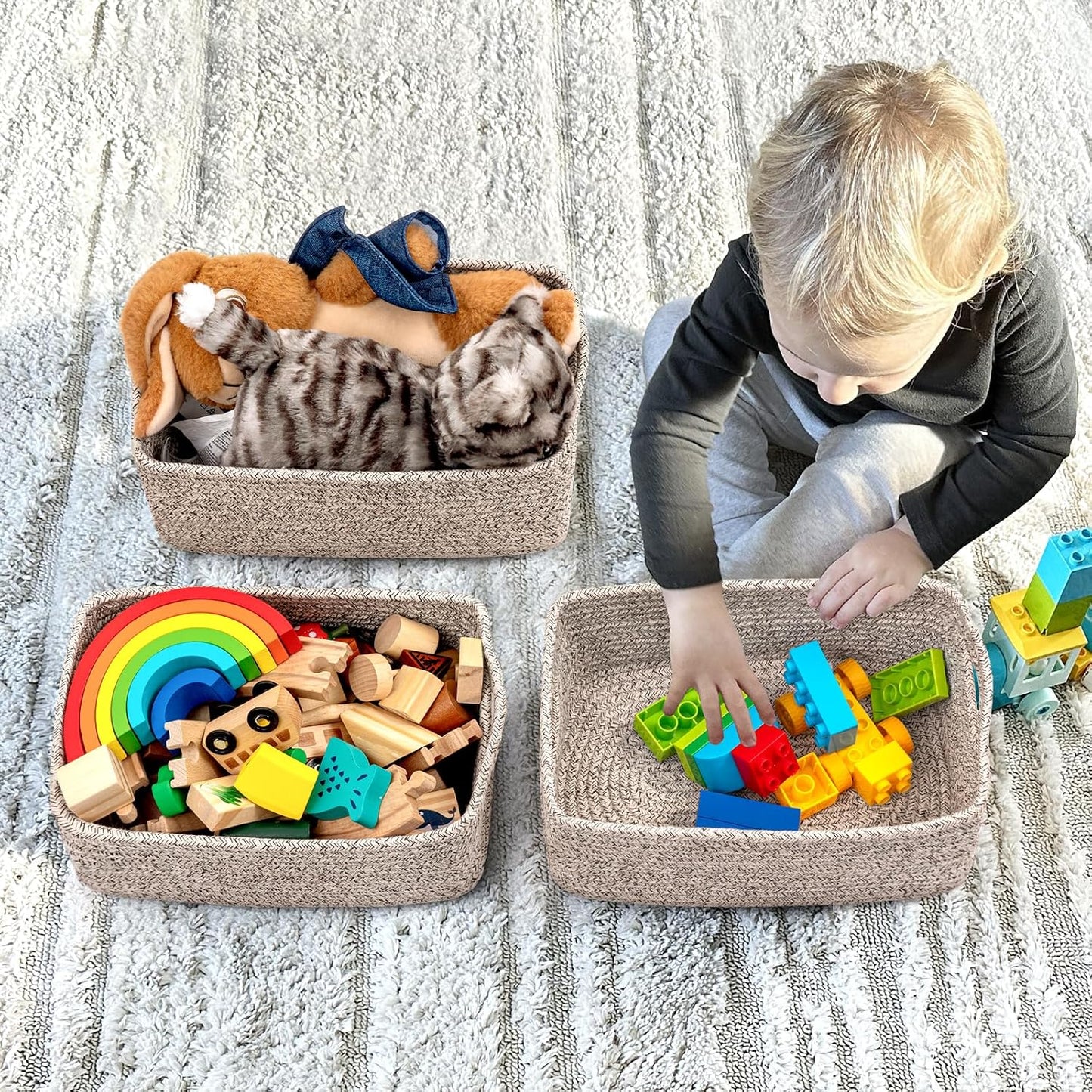 Goodpick 3Pack Rope Storage Baskets for Shelves Organizing, 11 x 7 x 4.5 in