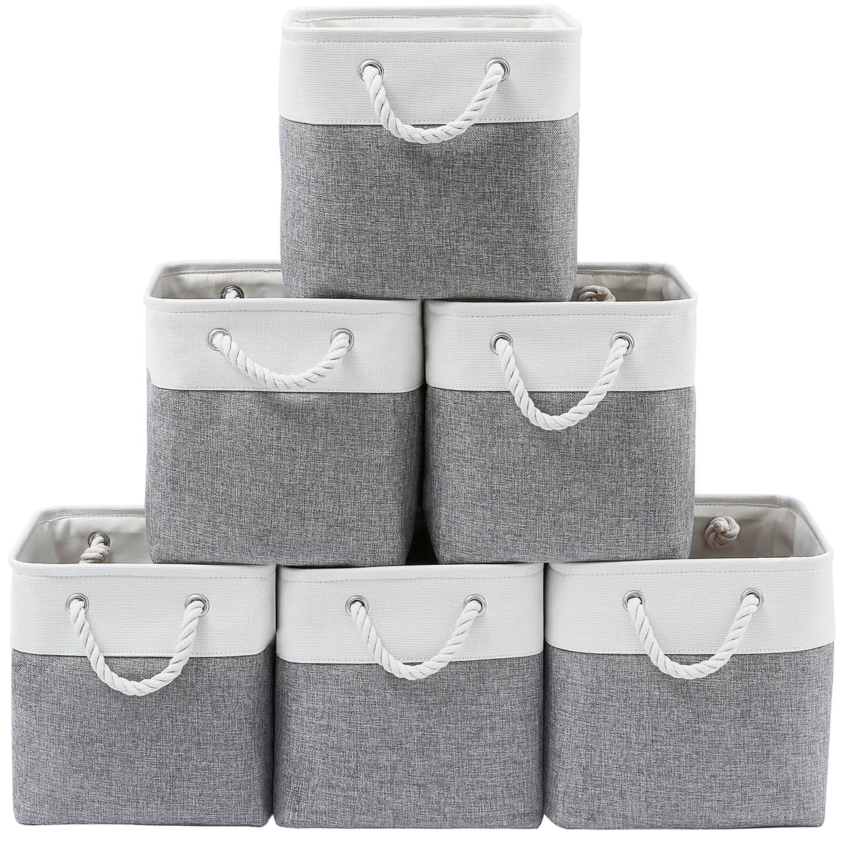 MidmmVick 13 x 13 Inch Cube Storage Bins, 6 Pack Extra Large Collapsible Fabric Storage Bin with Ropes, Foldable Storage Cubes for Home (White & Beige-13"x13"x13")