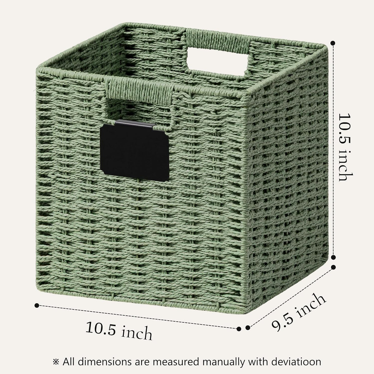 UBBCARE 2 Pack Wicker Basket, 10.5×10.5 Storage Cubes with Label, Foldable Cube Storage Bin with Handle, Square Storage Basket for Shelves, Woven Paper Rope Basket for Organizing, Green