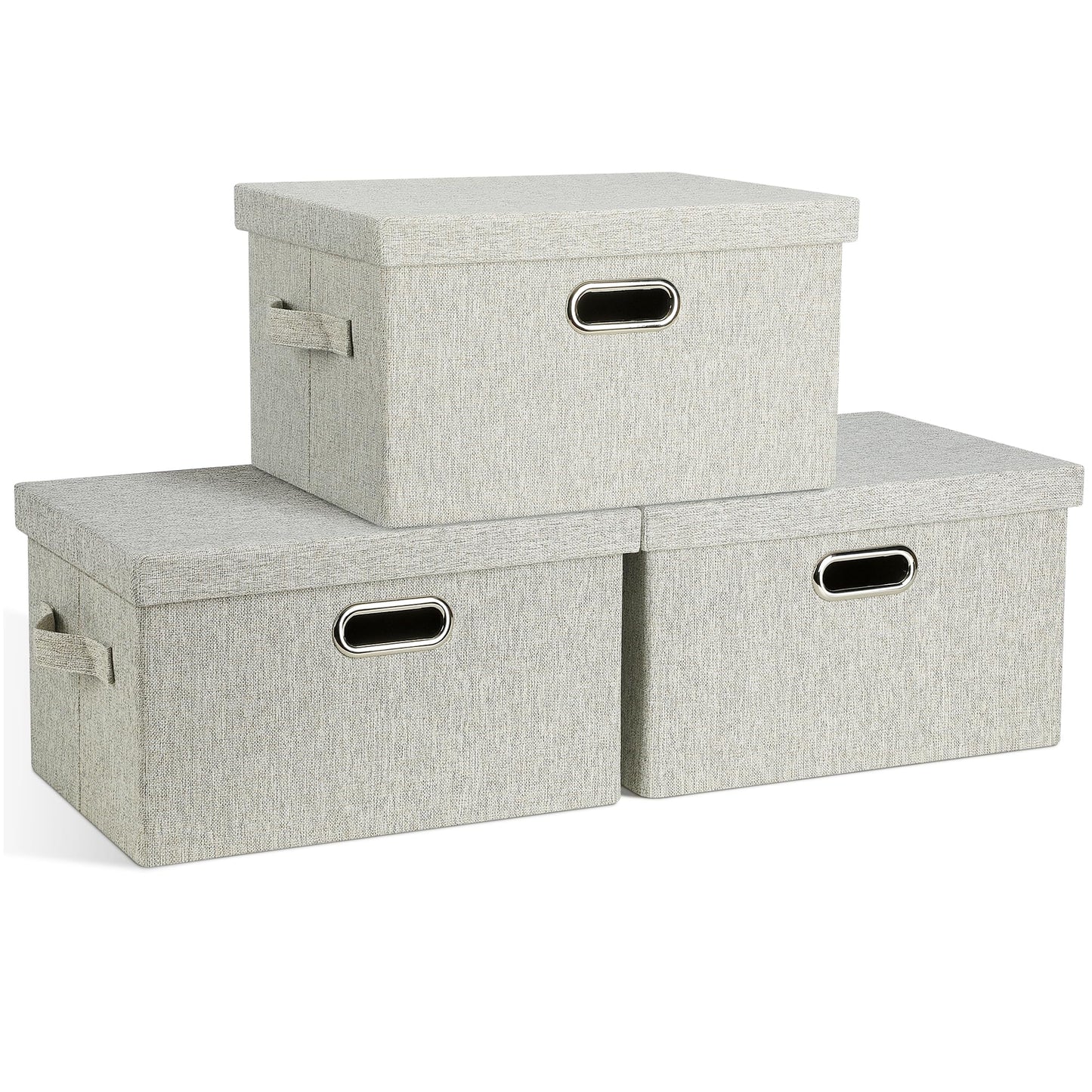 Graciadeco Large Quart Collapsible Stackable Storage Bins with Lids, 3 Packs Beige Linen Fabric Closet Boxes with Lids, Storage Cube Baskets Container Organizers for Bedroom Office(16.6 x 11.7 x 10.8)