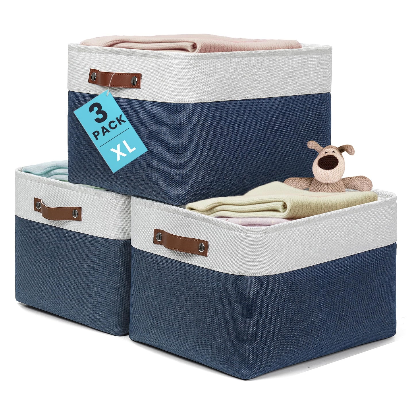 OrganiHaus 15x11in Canvas Storage Baskets 3 Pack - Fabric Bins for Shelves