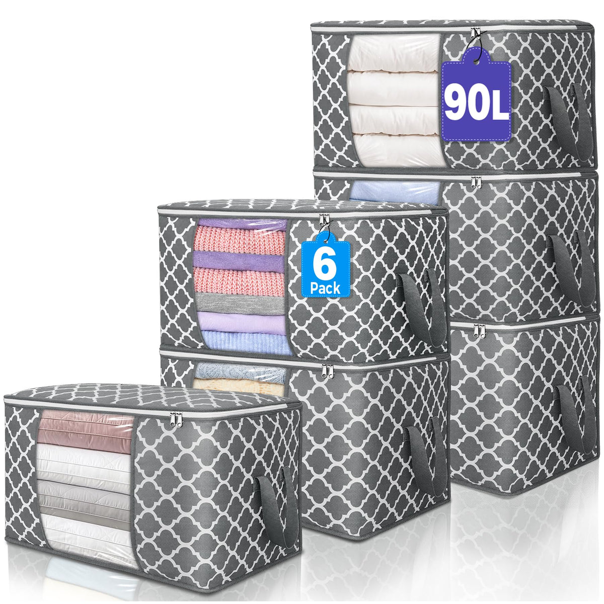 90L Large Storage Bags, 6 Pack Clothes Storage Bins Closet Organizers