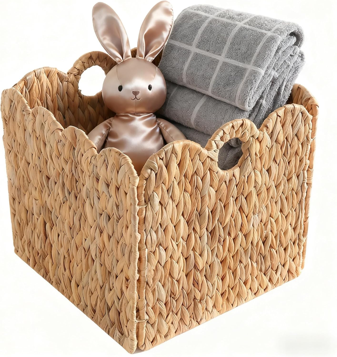 Scalloped Wicker Storage Cubes Basket, 12”x12“ Heavy Duty Paper rope/Hyacinth/Seagrass Baskets for Shelves, Foldable Natural Boho Square Bins (Water Hyacinth&10.5 x 10.5 x 10.5in&4-Pack)