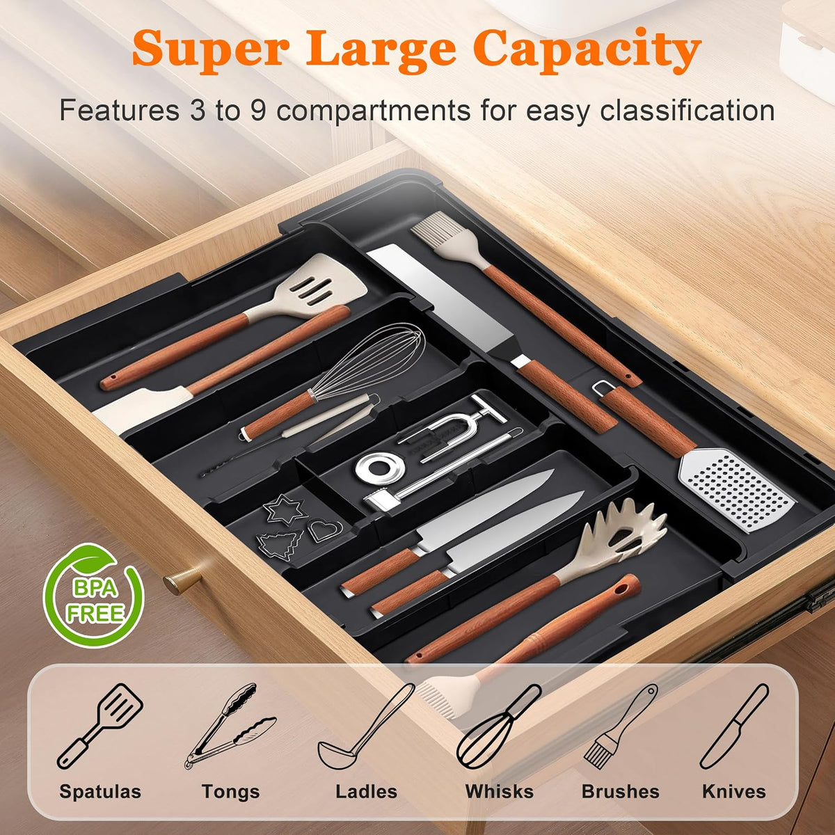 Spaclear Large Utensil Drawer Organizer Expandable Silverware Organizer for Kitchen Drawer Adjustable Cooking Utensil Holder Cutlery Flatware Tray Spatula Tools Gadgets Storage Dividers Plastic Black