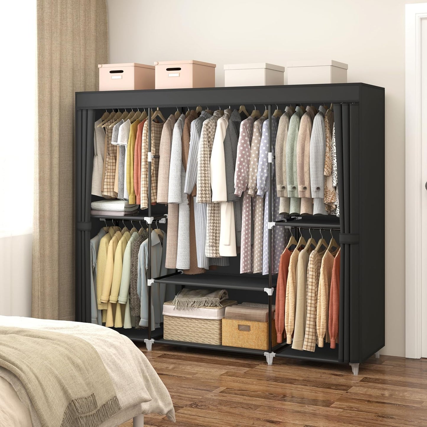 MOGELAFOO 64.5” Portable Closet, Freestanding Wardrobe Clothes Rack with Fabric Cover, 5 Hanging Rods and 6 Storage Shelves for Bedroom, Black