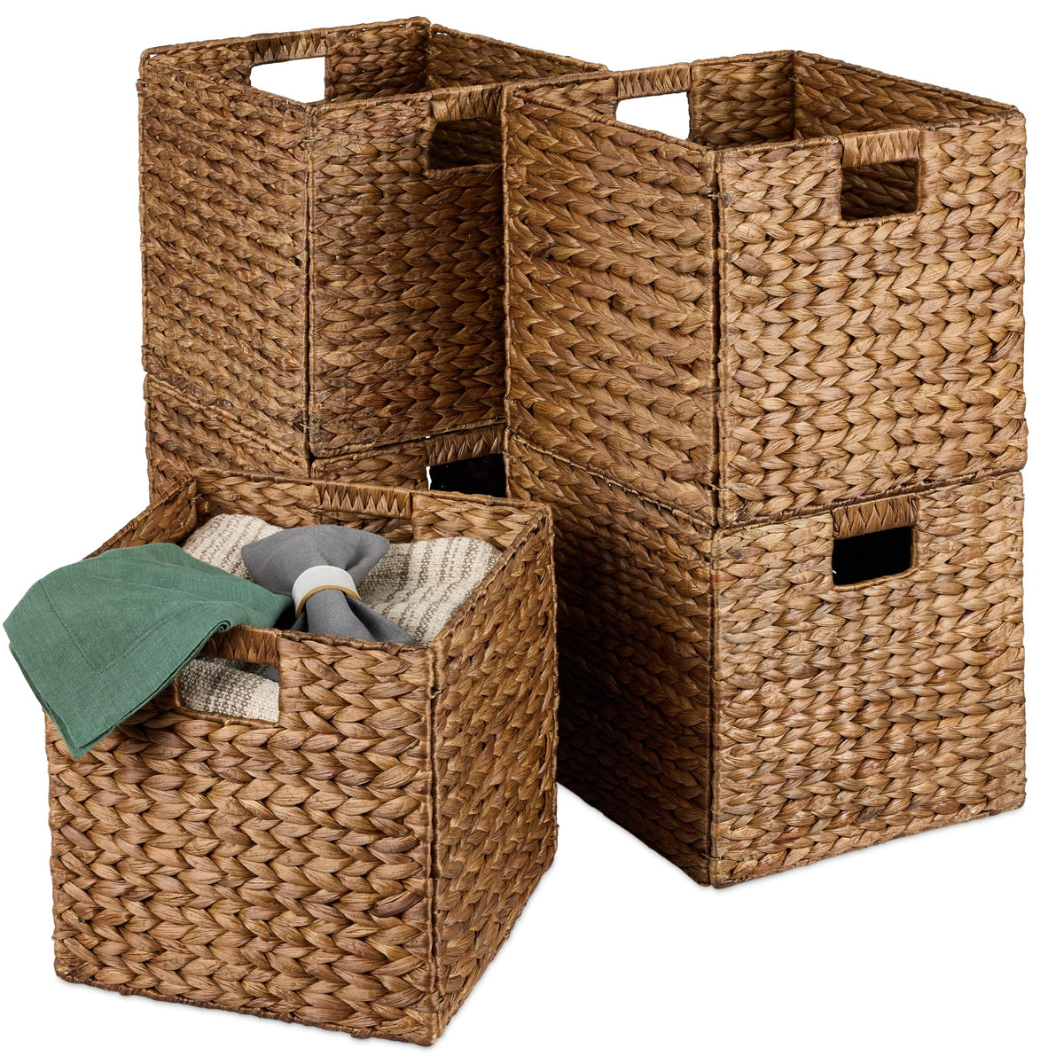 Best Choice Products 10.5x10.5in Pack of 5 Cube Storage Baskets, Water Hyacinth Multipurpose Collapsible Organizers, Handwoven Laundry Totes for Laundry, Living Room, Kids Room & Nursery - Natural