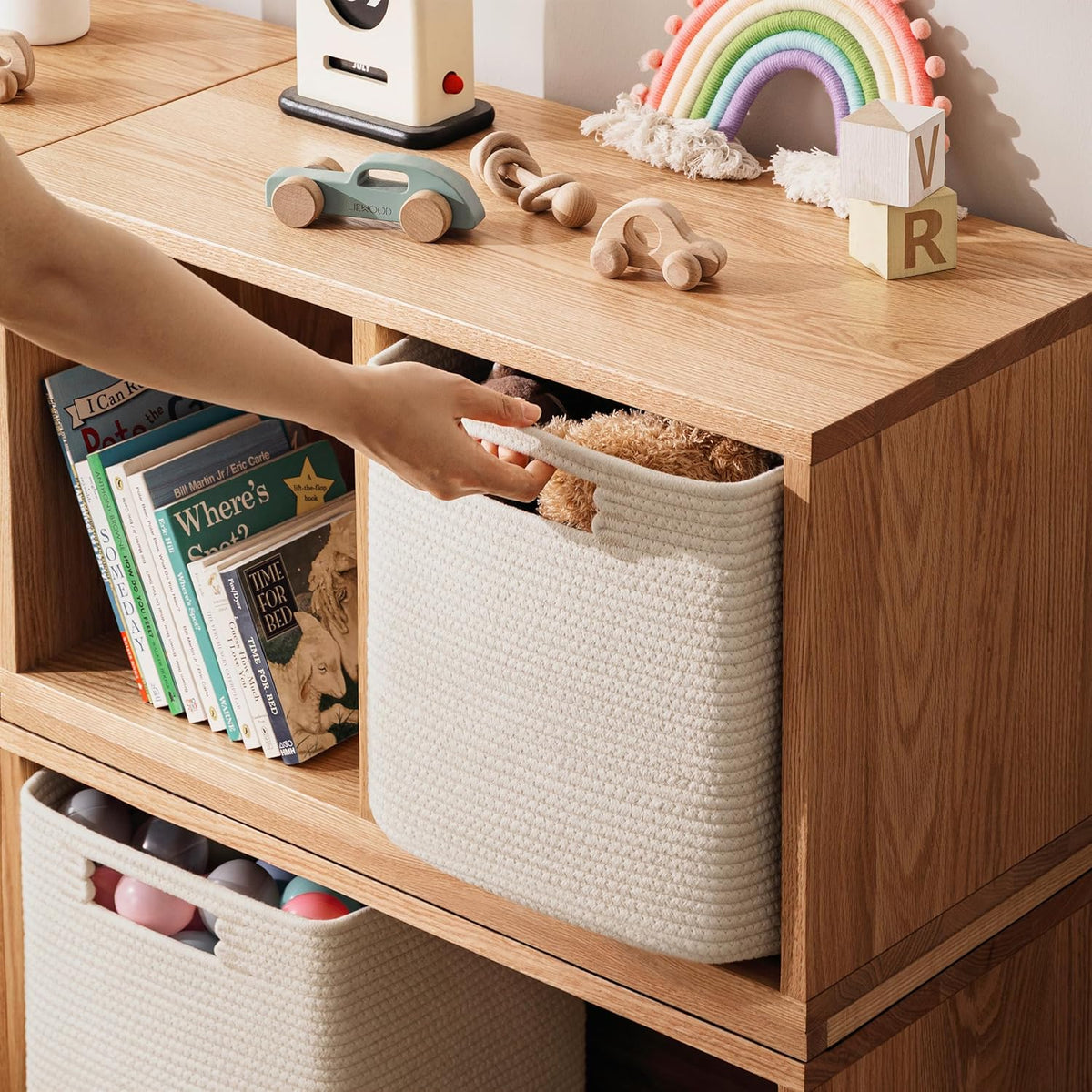 UBBCARE Set of 4 Storage Cubes-13 X 13 X 13 In, Cotton Rope Basket for Shelves, Toys, Book, Cube Storage Bin with Handles, Woven Storage Basket for Organizing, Beige