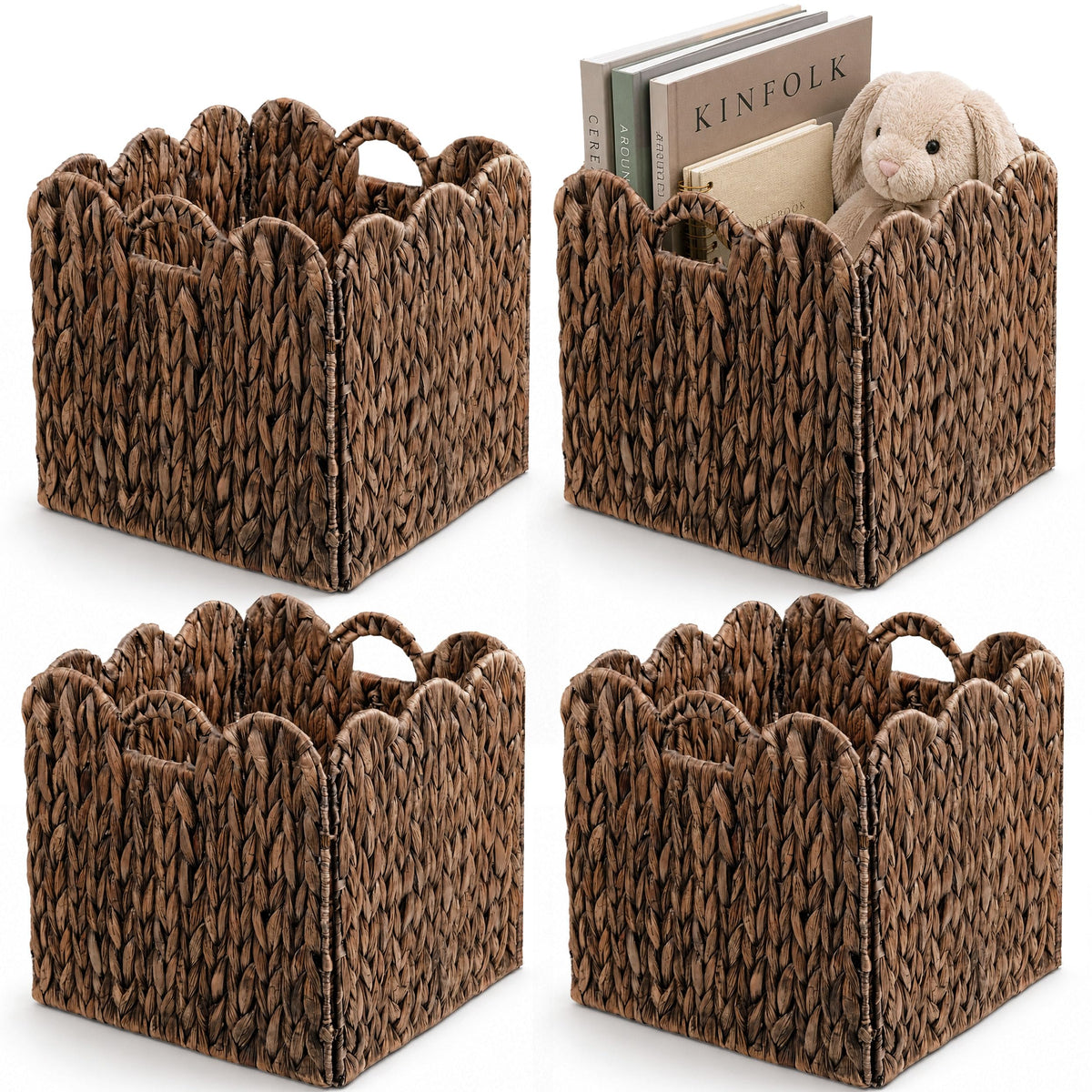 Set of 4 Foldable Scalloped Water Hyacinth Storage Cubes Basket, Storage Cube Bins -12"x12"x12", Collapsible Cube Organizers, Water Hyacinth Woven Bins for Bathroom, Bedroom, Laundry, Pantry, Shelves