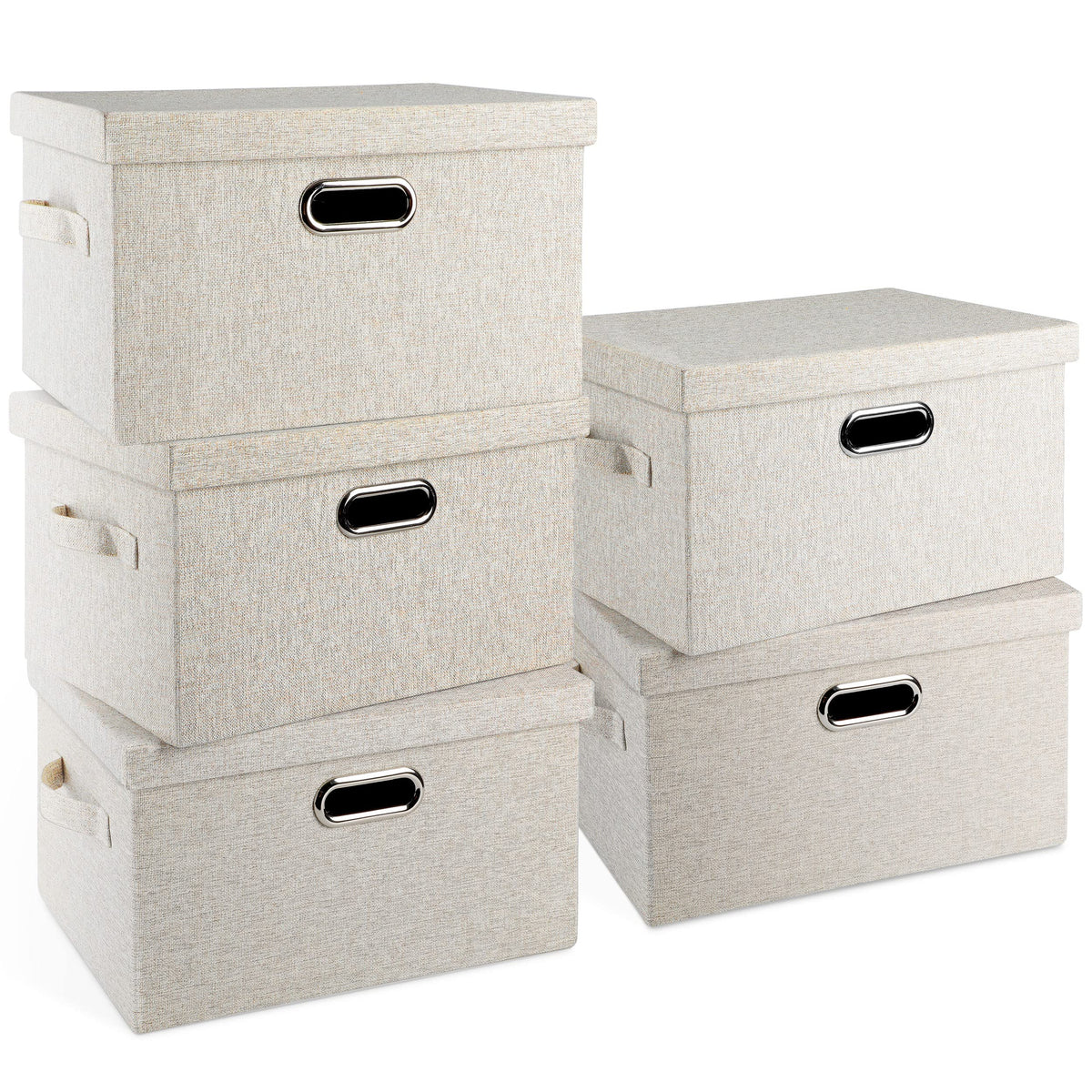 Graciadeco Large Quart Collapsible Stackable Storage Bins with Lids, 3 Packs Beige Linen Fabric Closet Boxes with Lids, Storage Cube Baskets Container Organizers for Bedroom Office(16.6 x 11.7 x 10.8)