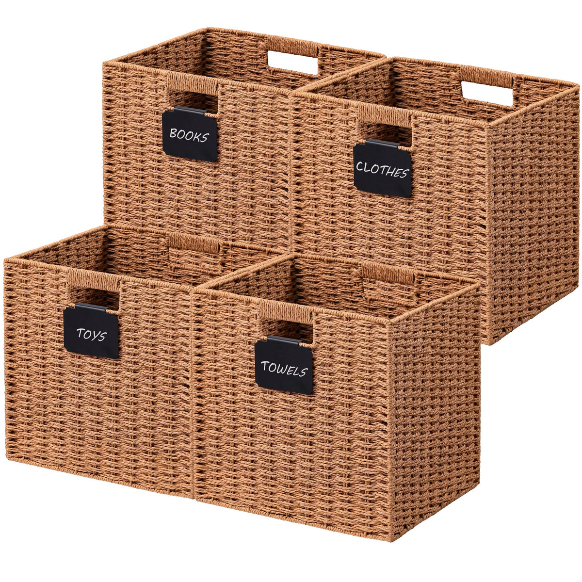UBBCARE 2 Pack Wicker Basket, 10.5×10.5 Storage Cubes with Label, Foldable Cube Storage Bin with Handle, Square Storage Basket for Shelves, Woven Paper Rope Basket for Organizing, Green