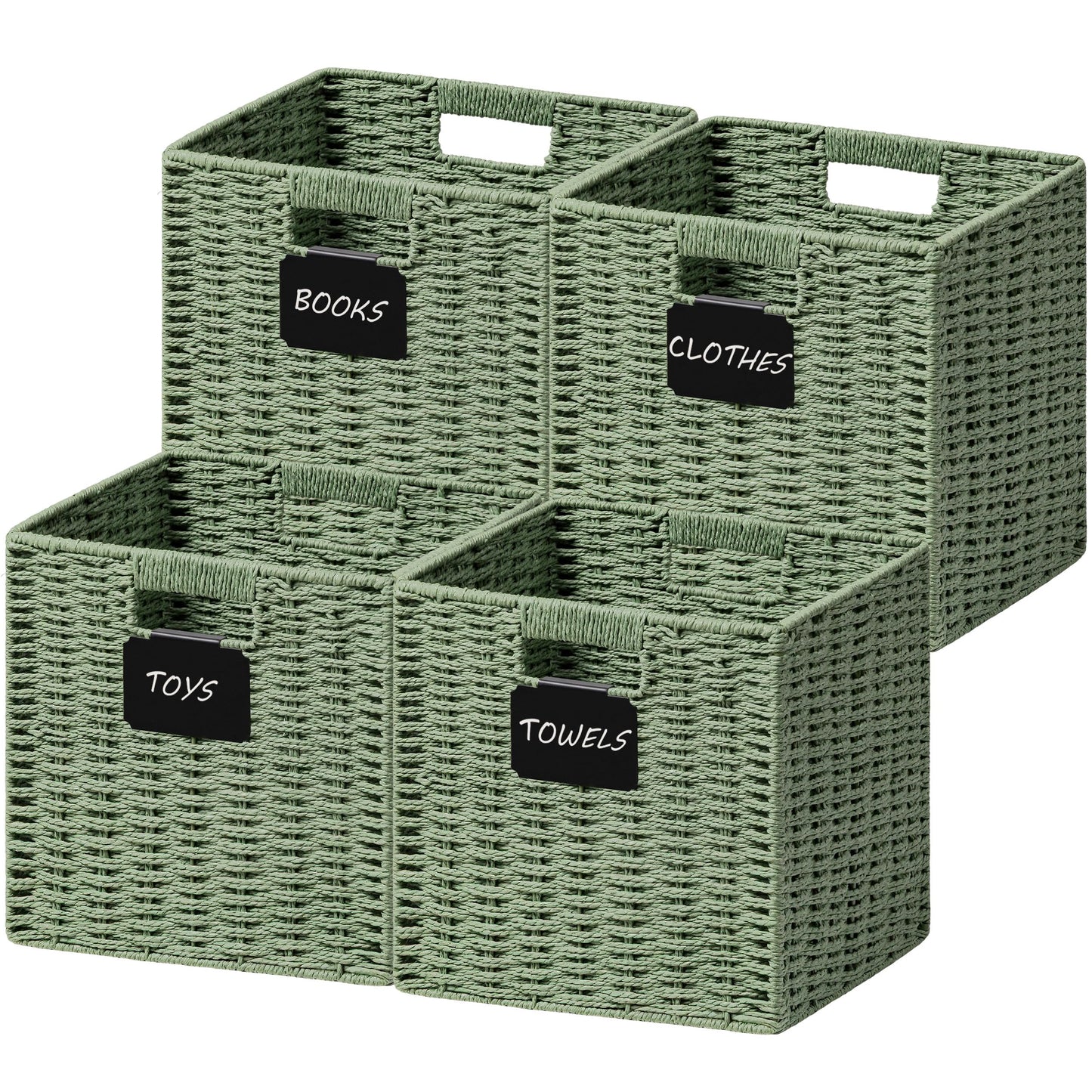 UBBCARE 2 Pack Wicker Basket, 10.5×10.5 Storage Cubes with Label, Foldable Cube Storage Bin with Handle, Square Storage Basket for Shelves, Woven Paper Rope Basket for Organizing, Green