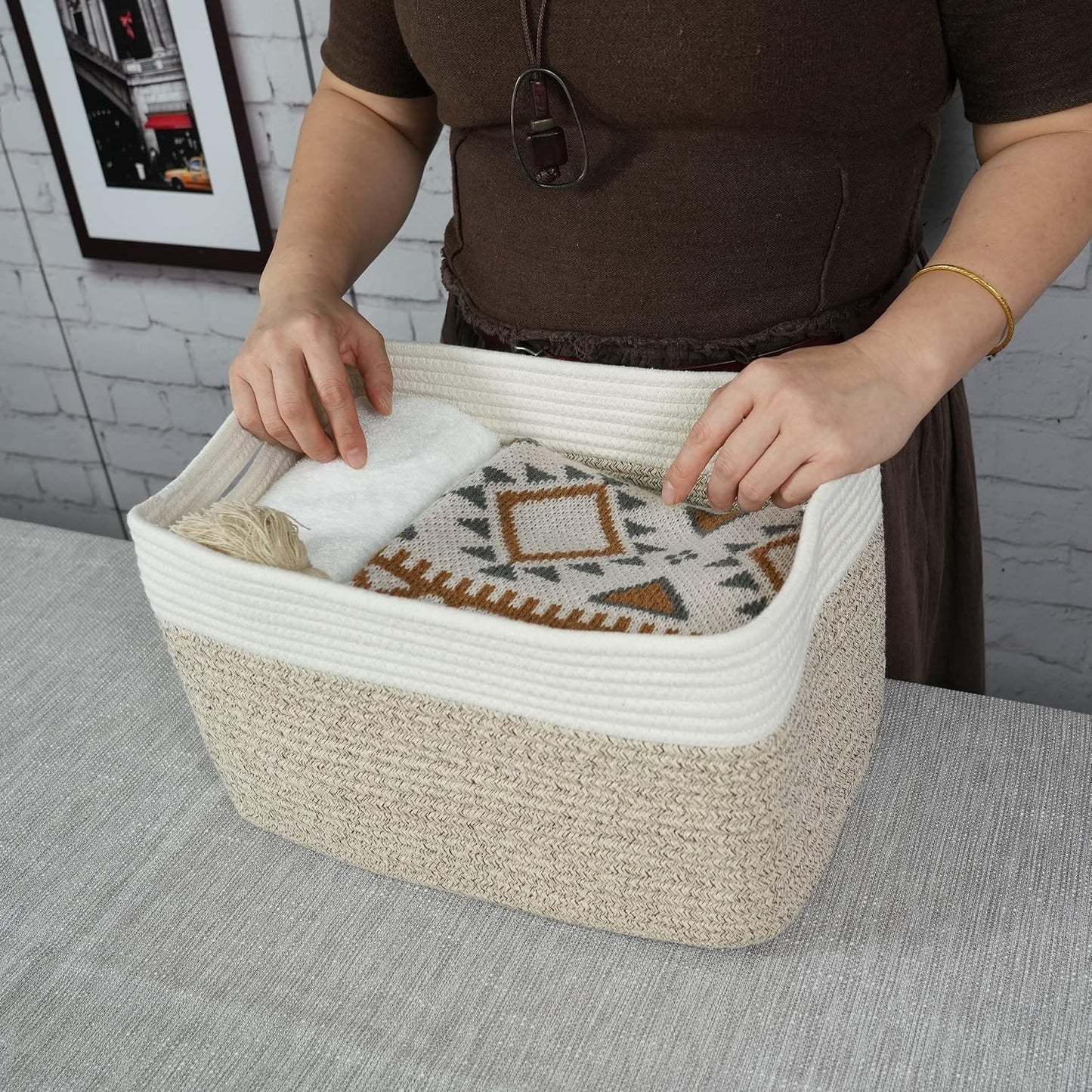 XUANGUO Woven Cotton Rope Storage Baskets 15x10x9.3" 3 Pack White and Brown